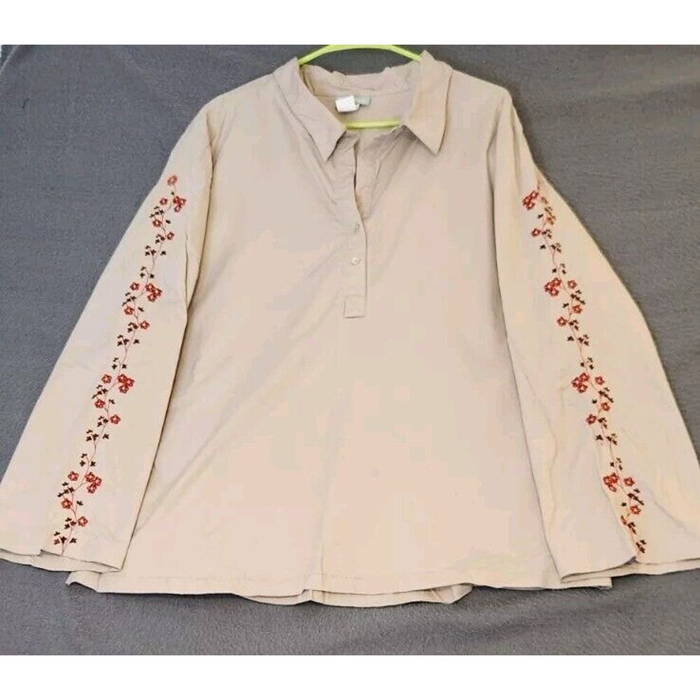 Vintage Y2K 220 Hickory Tan Embroidered Blouse Long Sleeve Top Button Front 2X